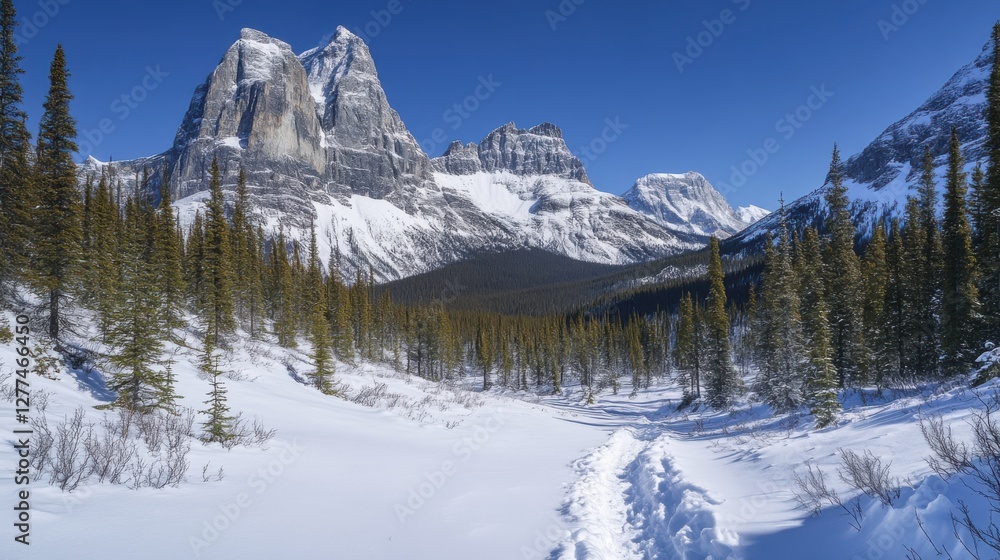 Video generation of a snowy mountain pass with clear skies and towering peaks. Featuring winter adventure and beauty Video generation of a snowy mountain pass with clear skies and towering peaks. Featuring winter adventure and beauty