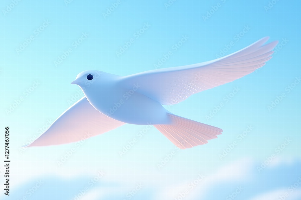 Fototapeta premium A stylized white bird soaring against a soft blue sky, with delicate wings and a serene expression, embodying freedom and tranquility.