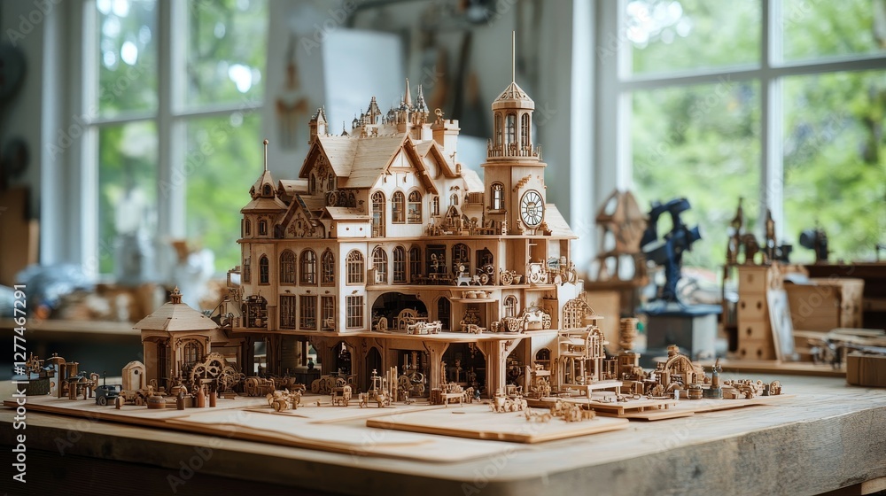 Obraz premium whimsical toy workshop where elves create intricate designs, and clockwork toys come to life, Generative AI
