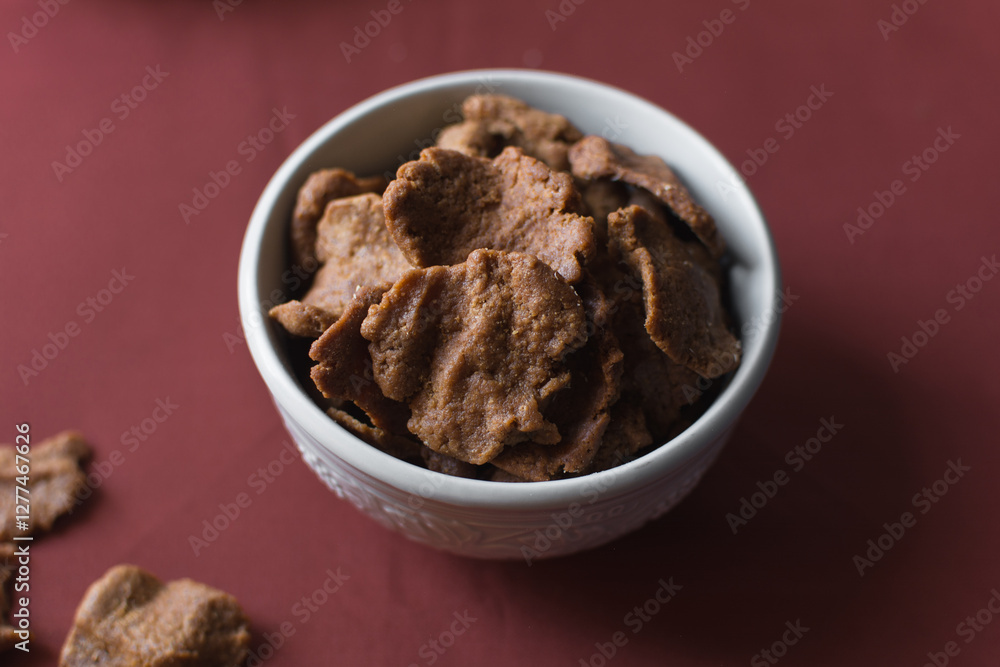 Overhead view of kuli-kuli in a white bowl, top view of nigerian groundnut cakes in a bowl Overhead view of kuli-kuli in a white bowl, top view of nigerian groundnut cakes in a bowl