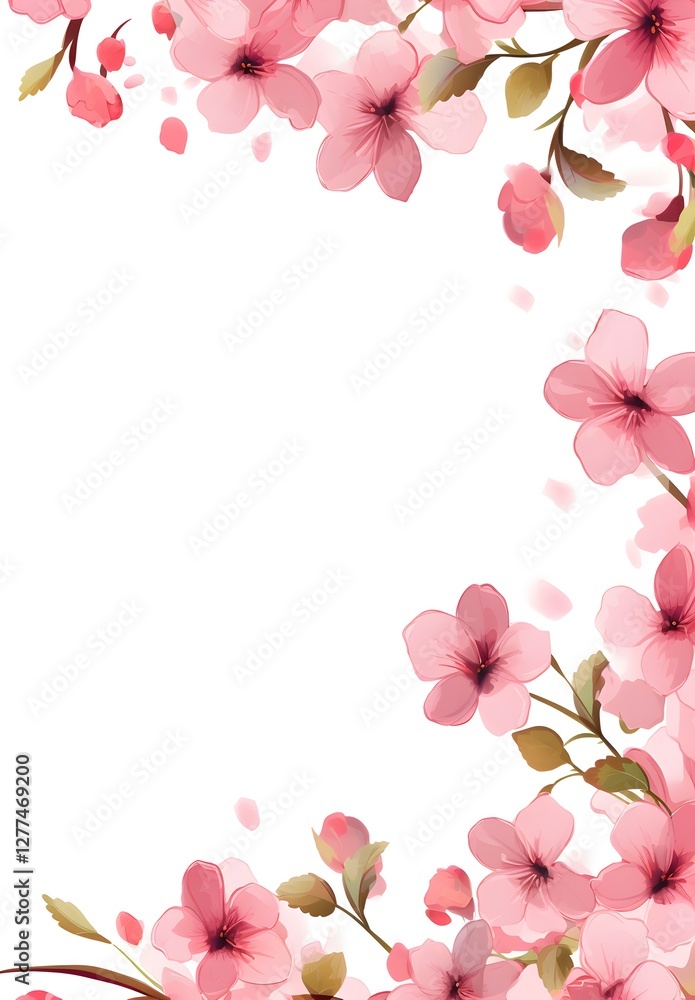 Fototapeta premium Pink cherry blossom border illustration. frame with pink flowers is very beautiful clean white background. Design a captivating border image that seamlessly