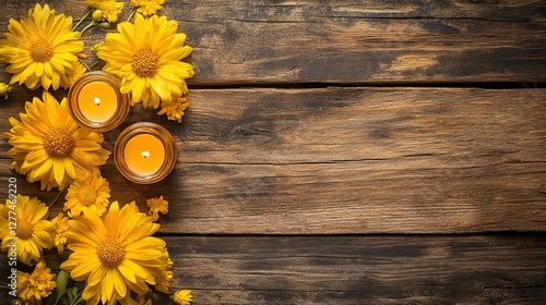 Yellow Flowers  Burning Candles  Rustic Wood Background
