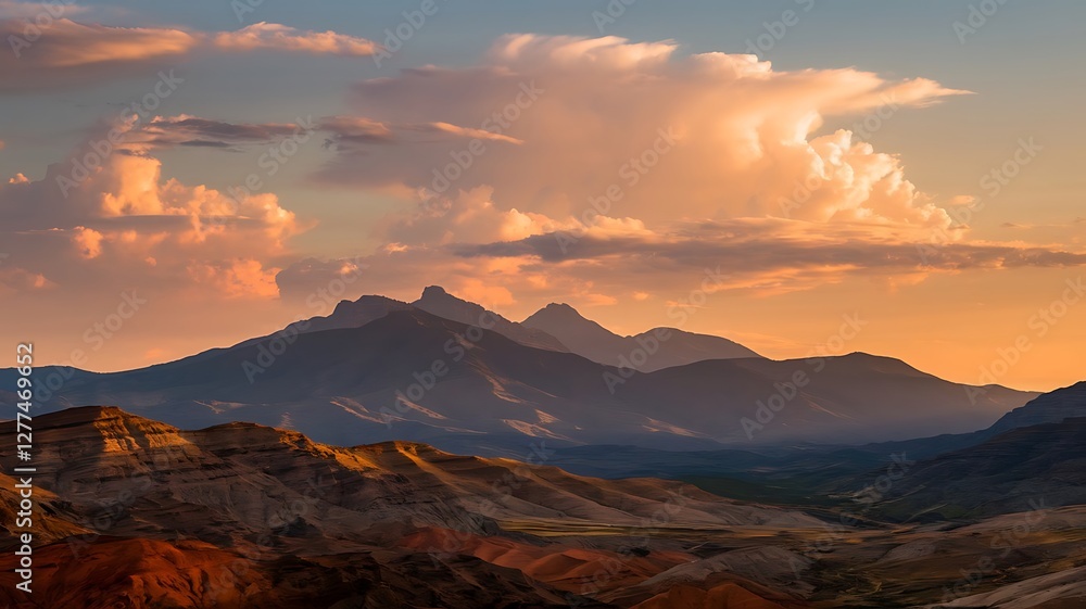 Naklejka premium Majestic Sunset Sky with Towering Clouds Over Rocky Landscape