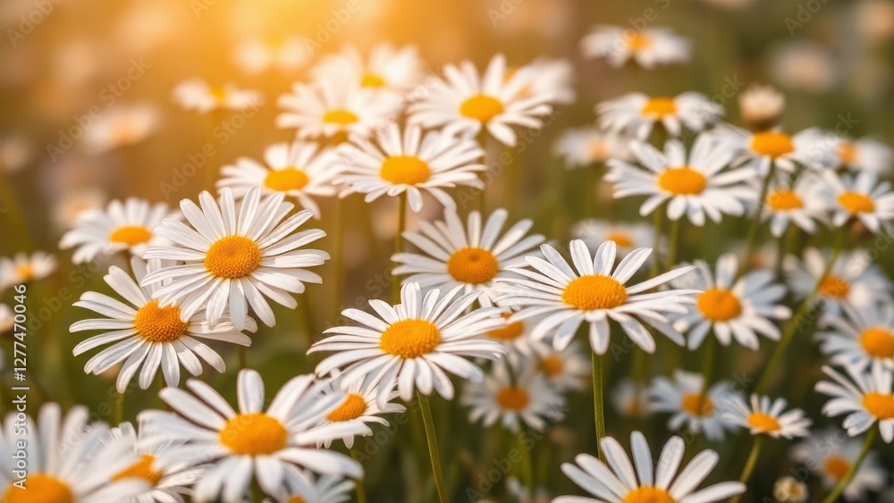 Obraz premium a field of daisies with white petals and yellow centers, bathed in soft sunlight with a blurred, pastel-colored background