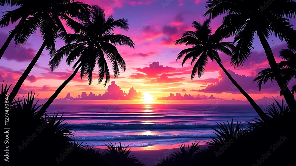 Obraz premium A beautiful tropical sunset featuring palm trees framing a vividly colorful ocean horizon, evoking a serene and tranquil feeling, perfectly capturing the magnificence of nature's twilight display.