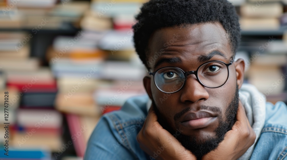 Focused Thought: Portrait of a pensive young man, sporting glasses, surrounded by a backdrop of books, a visual embodiment of intellectual pursuits and the power of knowledge. Focused Thought: Portrait of a pensive young man, sporting glasses, surrounded by a backdrop of books, a visual embodiment of intellectual pursuits and the power of knowledge.