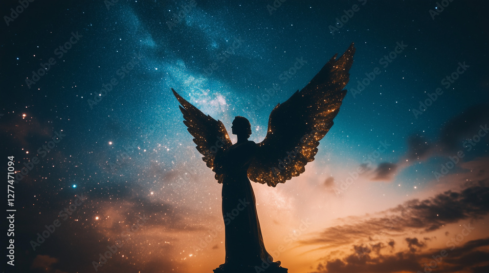 Obraz premium Majestic angel silhouette radiating divine light against starlit Milky Way backdrop