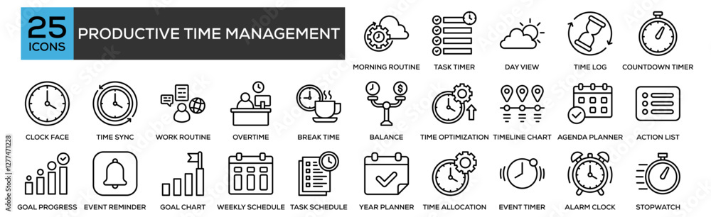 Productive Time Management icon collection set. Containing design Morning Routine, Task Timer, Day View, Time Log, Countdown Timer Productive Time Management icon collection set. Containing design Morning Routine, Task Timer, Day View, Time Log, Countdown Timer
