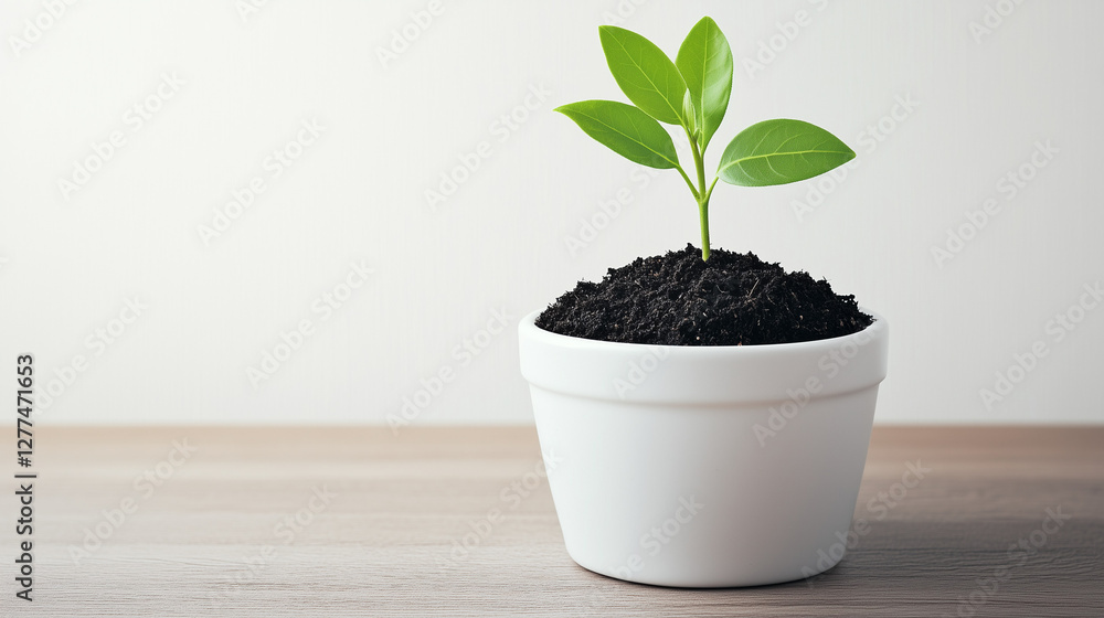 Fresh green seedling in minimalist white ceramic pot with copy space Fresh green seedling in minimalist white ceramic pot with copy space