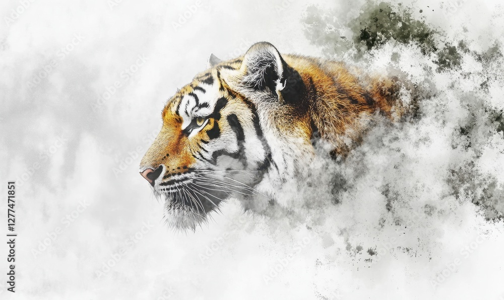 Fototapeta premium Majestic tiger portrait emerging from mist, showcasing its fierce gaze and natural beauty