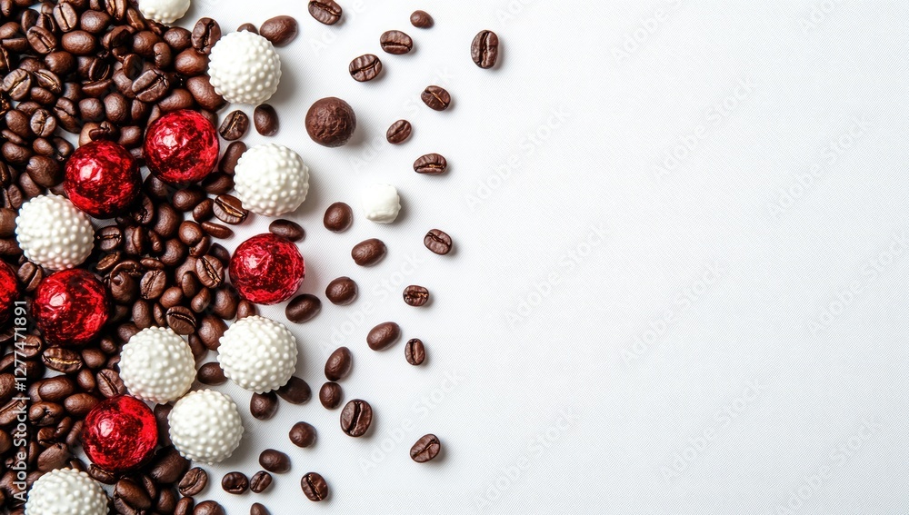 Coffee beans, chocolates, and red candies arranged on white background Coffee beans, chocolates, and red candies arranged on white background