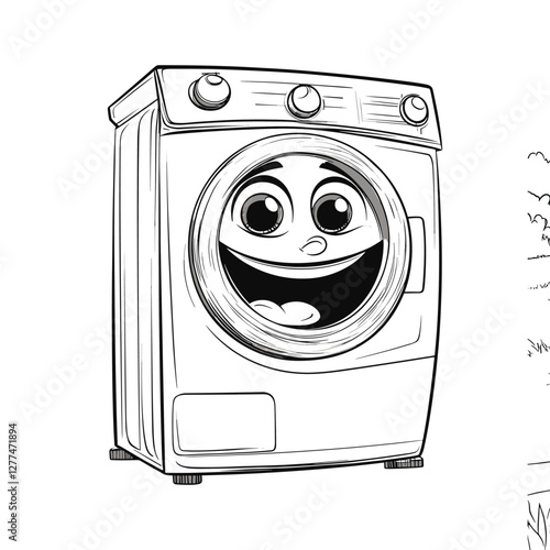 Cheerful Top Loading Washing Machine Cartoon Drawing