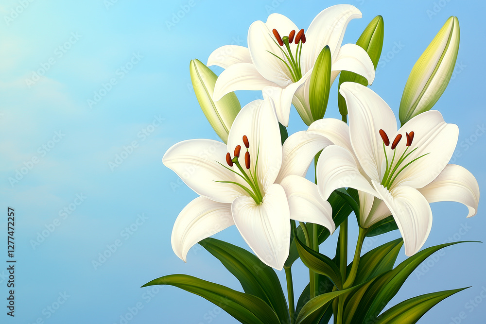 Fototapeta premium Bouquet of white flowers with green stems. The flowers are arranged in a vase and are placed on a blue background. Concept of freshness and beauty, as the white flowers are the main focus
