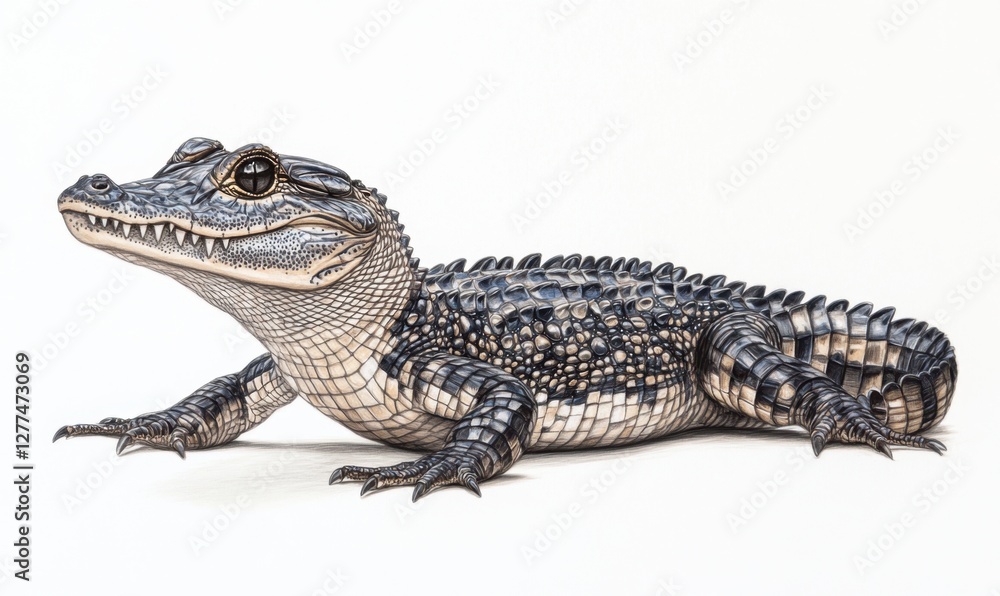 Realistic depiction of a crocodile resting on a white surface, showcasing detailed textures and colors Realistic depiction of a crocodile resting on a white surface, showcasing detailed textures and colors