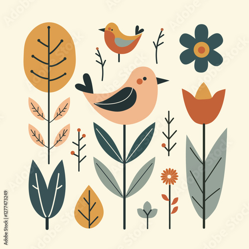 A cute flower and bird in Scandinavian style