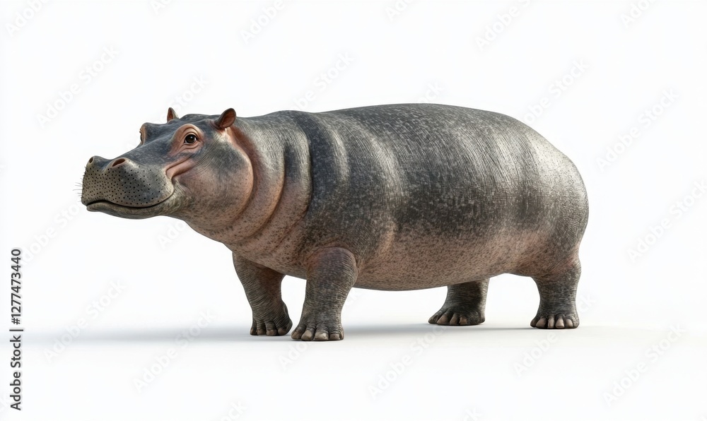 Realistic depiction of a hippo standing on a plain white background, showcasing its features Realistic depiction of a hippo standing on a plain white background, showcasing its features
