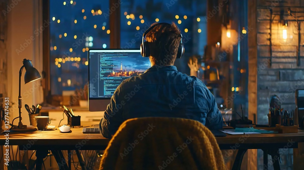 Programmer working late at night on computer. Programmer working late at night on computer.