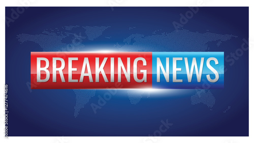 Set illustration of vibrant "Breaking News" banner with bold red and blue sections on a dark blue background featuring a dotted world map. This dynamic design is suitable for media broadcasts, urgent 