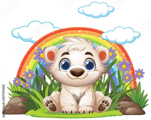 Cute Bear Cub Under Rainbow