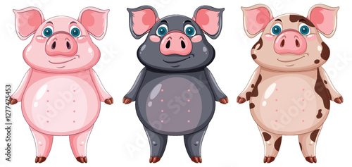 Three Cartoon Pigs in Different Colors