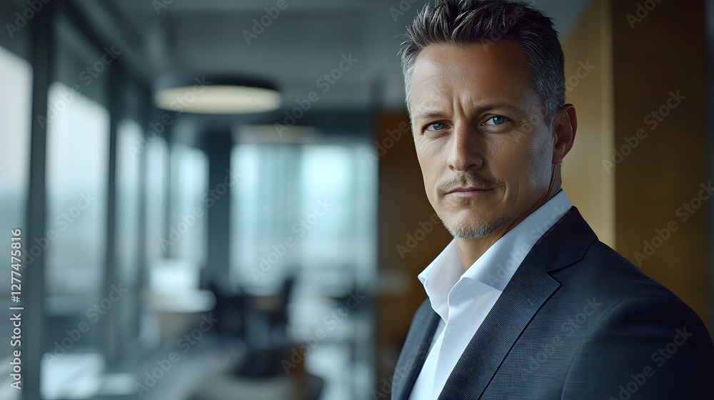 Confident Successful Businessman in His 40s Dressed in Elegant Suit Posing in Modern Office Environment Confident Successful Businessman in His 40s Dressed in Elegant Suit Posing in Modern Office Environment