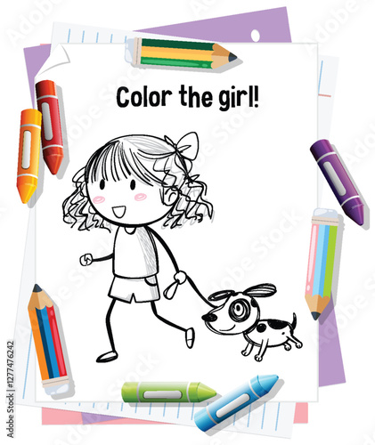 Coloring Fun with Girl and Dog