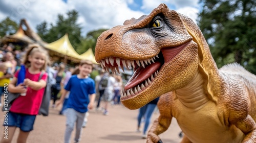 Fototapeta Naklejka Na Ścianę i Meble -  Playful Dinosaur Model with Children at Outdoor Event in Park