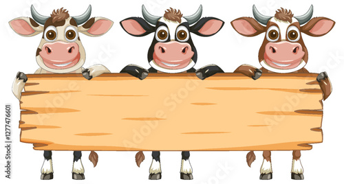 Three Cows Holding a Wooden Sign