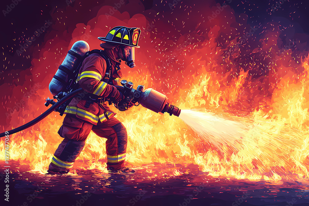 Fototapeta premium A flat vector illustration of a firefighter extinguishing a blazing fire, wearing protective gear. Bold colors, clean lines, dynamic composition.