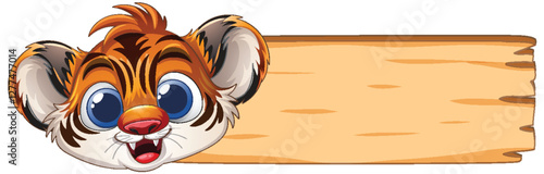 Cute Tiger Cub with Wooden Sign