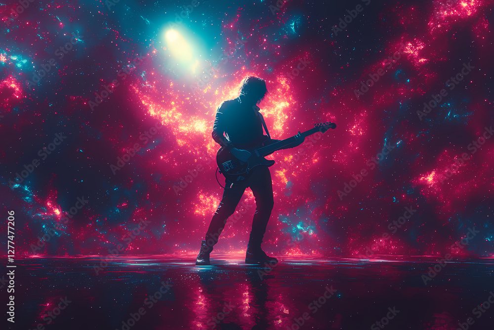 Naklejka premium A vibrant flat vector illustration of a guitarist on stage under a spotlight, with dynamic movement and energy.