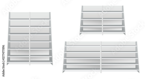 Set of Realistic Retail Store Display Shelving Units isolated on white  