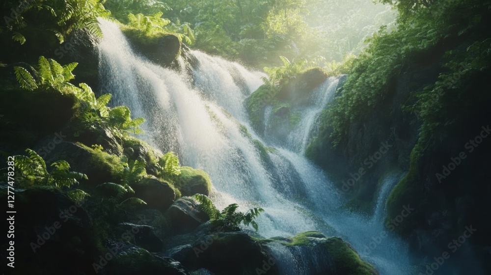 Video generation of a tranquil waterfall surrounded by lush greenery. Featuring natural beauty and serenity Video generation of a tranquil waterfall surrounded by lush greenery. Featuring natural beauty and serenity