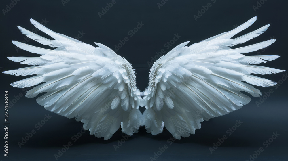 Fototapeta premium A pair of white angel wings spread out, front view, isolated on a pure background, in a super realistic style.