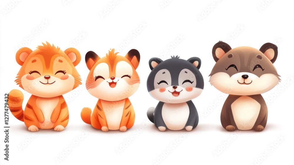 Cute cartoon animals, four adorable, stylized, happy, sitting, wildlife, character designs, in a row, isolated on white background. Cute cartoon animals, four adorable, stylized, happy, sitting, wildlife, character designs, in a row, isolated on white background.