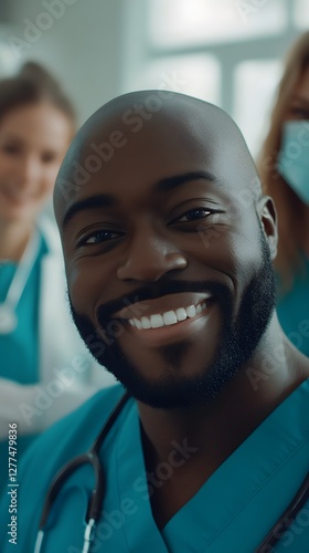 Smiling Multicultural Doctor Posing with Colleagues in Medical Scrubs in Bright Clinic Setting