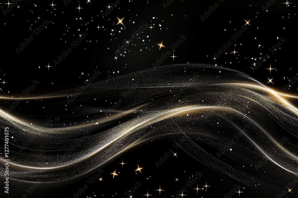 Fototapeta premium A mesmerizing abstract background featuring flowing golden waves against a black backdrop, sprinkled with shimmering stars and a sense of depth.