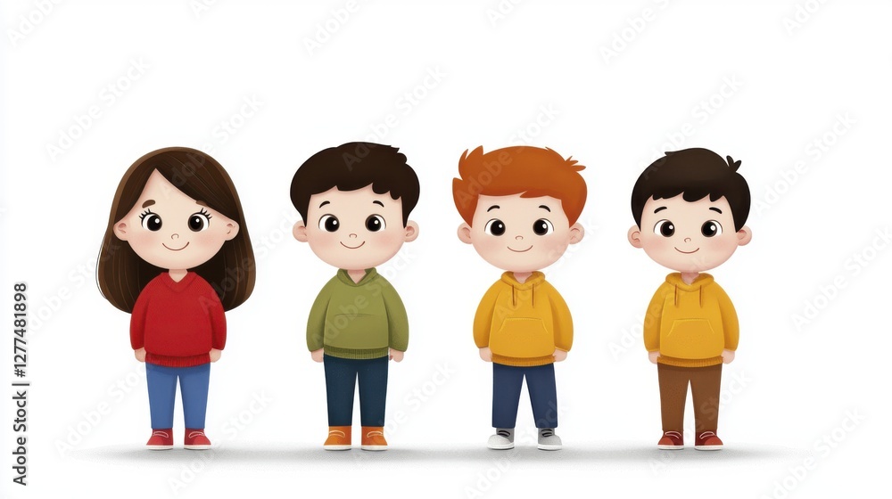 Four Cute Children in Autumn Outfits on White Background Four Cute Children in Autumn Outfits on White Background