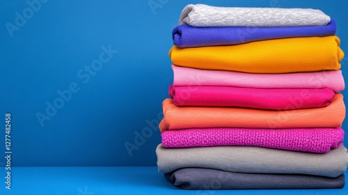 Colorful Stacked Sweaters on Blue Background for Fashion Display