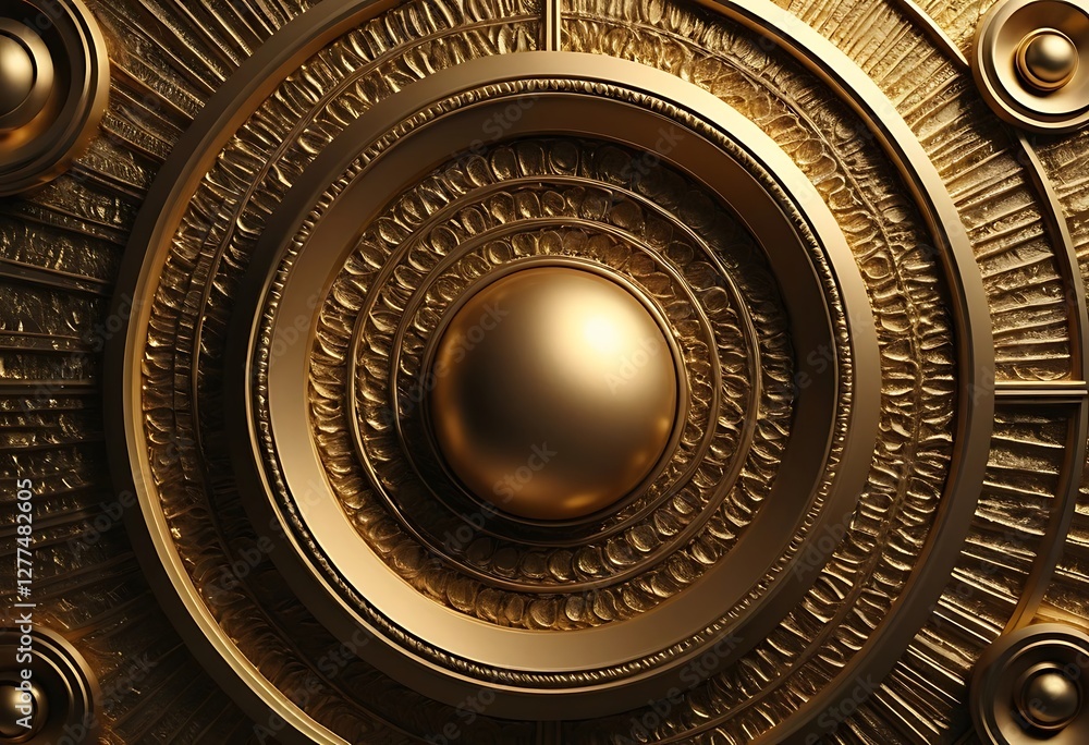 Fototapeta premium Golden Concentric Circles with Central Sphere Detailed Surface Texture