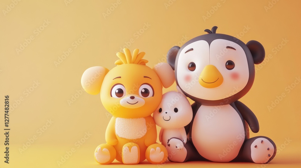 Naklejka premium Cute cartoon animals, a dog, penguin, and a baby animal, sitting together on an orange background.