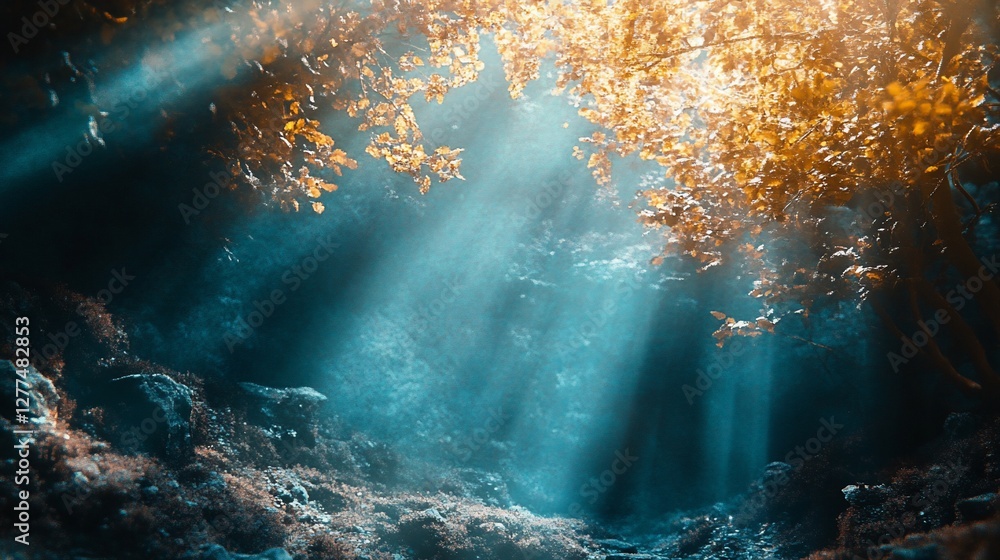 Sunbeams illuminating forest floor, autumn leaves. Sunbeams illuminating forest floor, autumn leaves.