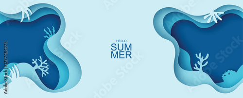 Paper underwater sea cave with coral reef, seabed in algae, waves and hello summer text. Undersea. paper cut and craft style. vector, illustration.