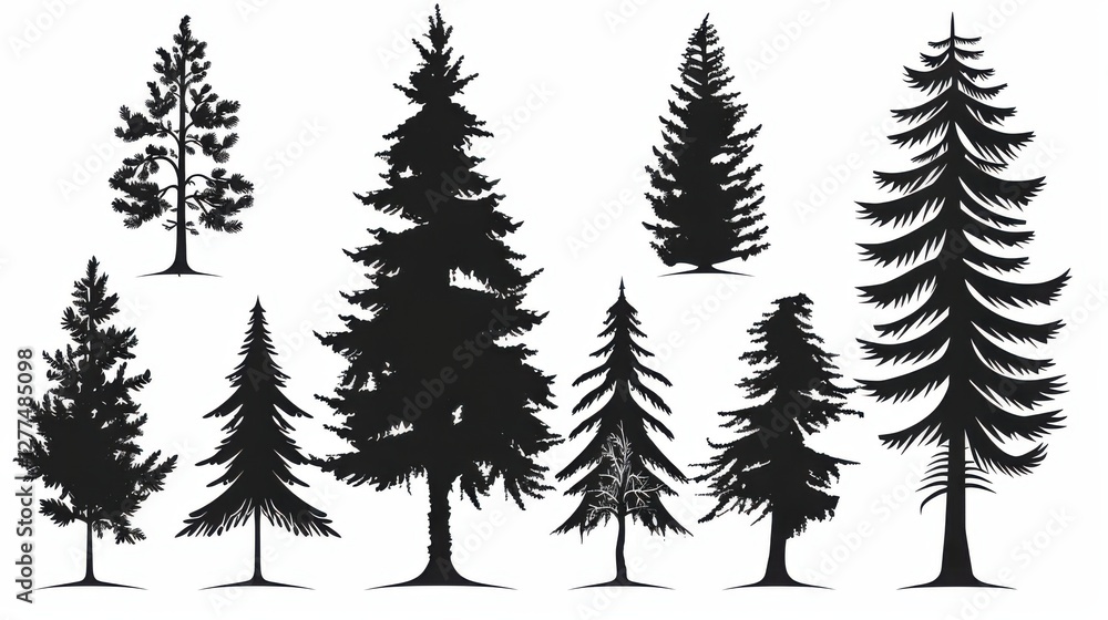 Obraz premium Captivating Vector Set: Pine Tree Silhouettes in an Evergreen Forest of Firs and Spruces