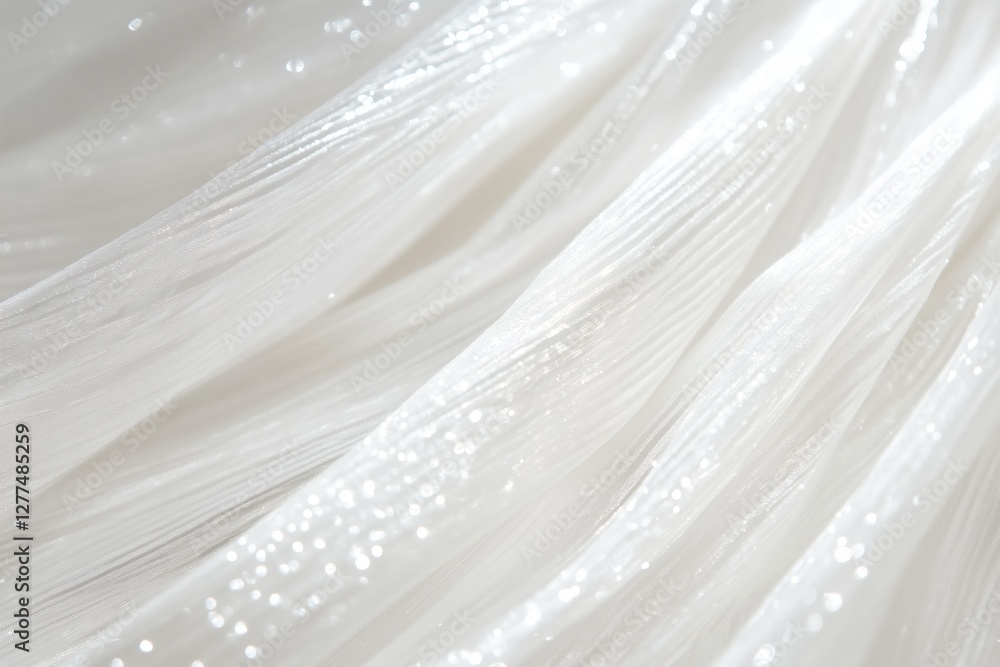 Obraz premium Close-up of shimmering white fabric with a soft, flowing texture, featuring delicate light reflections and a smooth appearance.