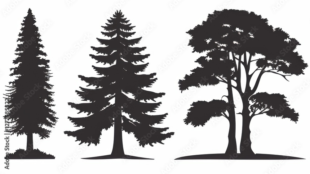 Fototapeta premium Captivating Vector Set: Pine Tree Silhouettes in an Evergreen Forest of Firs and Spruces