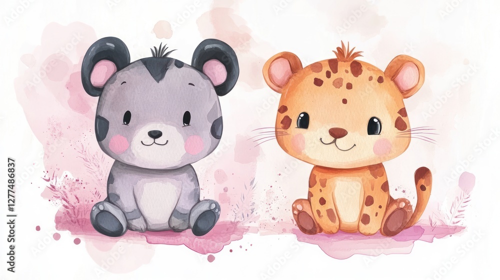 Cute cartoon animals, a gray bear and a leopard, sitting in a watercolor style illustration. Cute cartoon animals, a gray bear and a leopard, sitting in a watercolor style illustration.