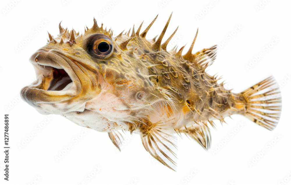 A side view of an open pufferfish with sharp teeth, isolated on a white background. A side view of an open pufferfish with sharp teeth, isolated on a white background.