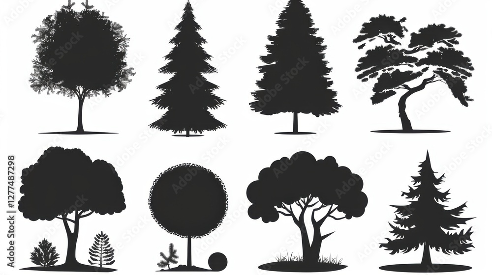Fototapeta premium Captivating Vector Set: Pine Tree Silhouettes in an Evergreen Forest of Firs and Spruces