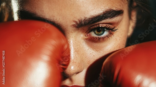 A close-up of a determined boxer, with striking eyes partially obscured by red gloves, showcasing strength and focus in a dynamic sport.